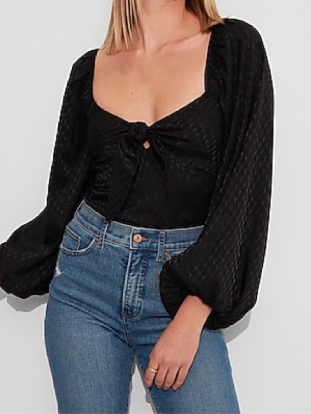 Express - Black Long Sleeve Tie-Front Bodysuit for Women